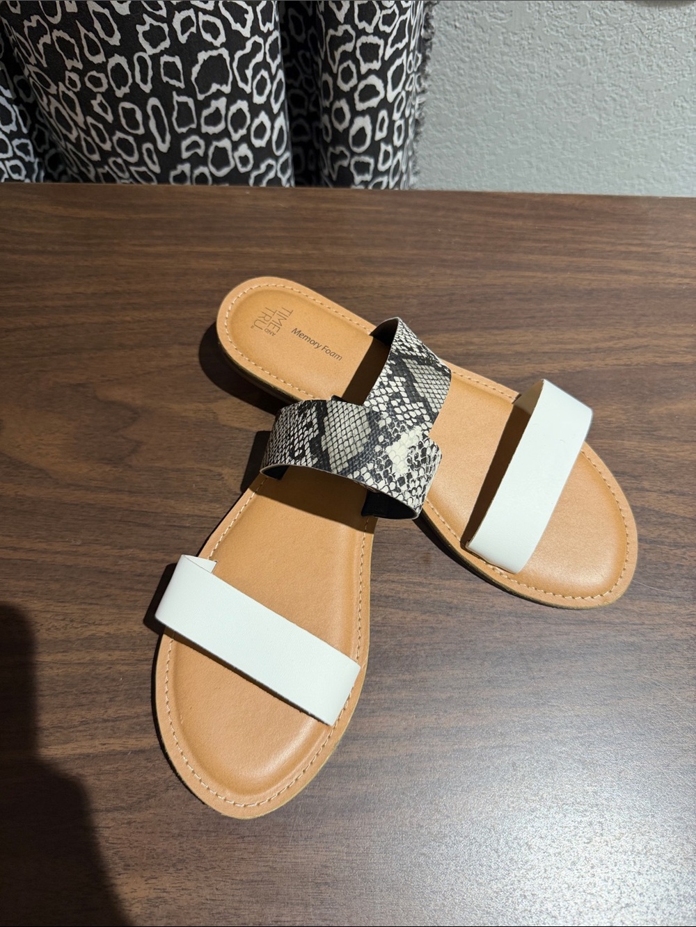 Time and Tru White and Snake-Print Double Strap Slide Sandals